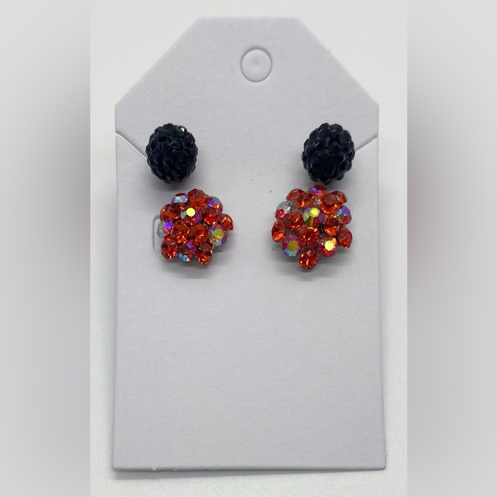 Black & Orange Red Rhinestone Bling Stud Earrings Retro Whimsigoth Fairy Party - Picture 3 of 13
